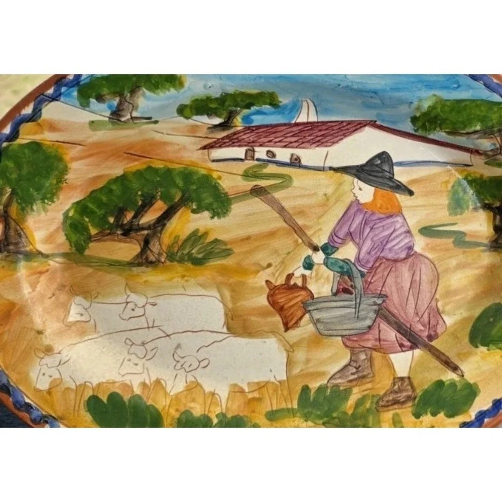 VTG Ovaria Ovar Portugal Hand Painted Pottery Platter‎ Farmer Scene 13x10 Oval